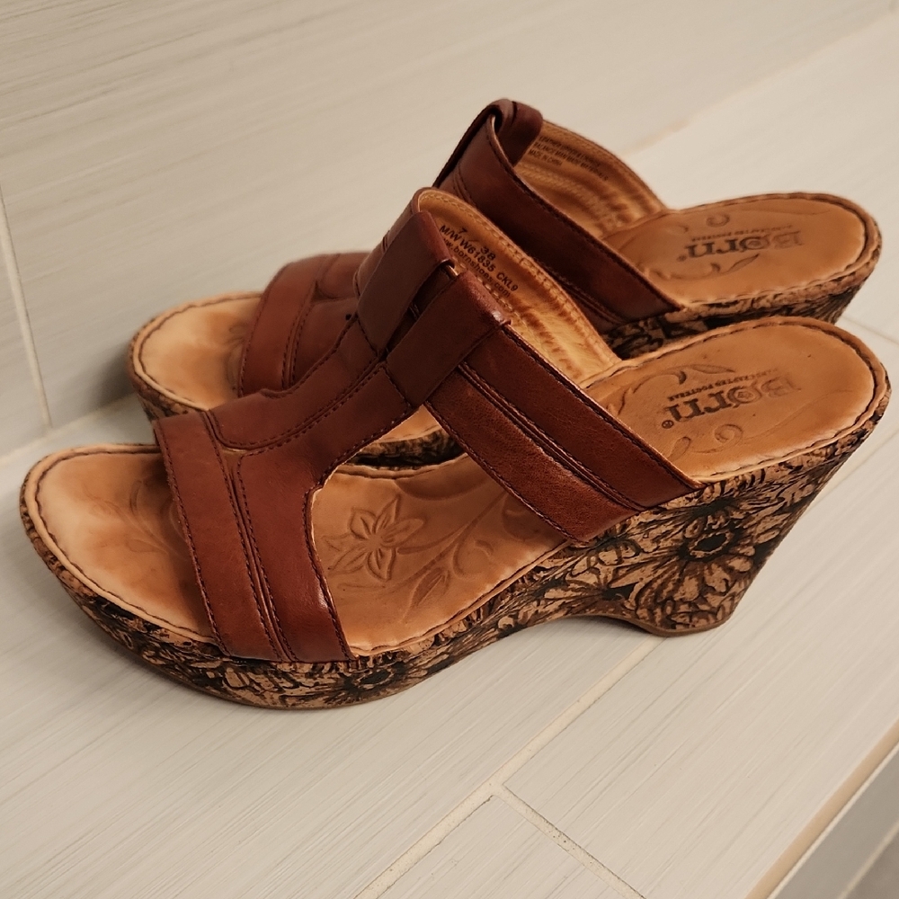 Born Brown Leather Embellished Wedge Mule Sandals